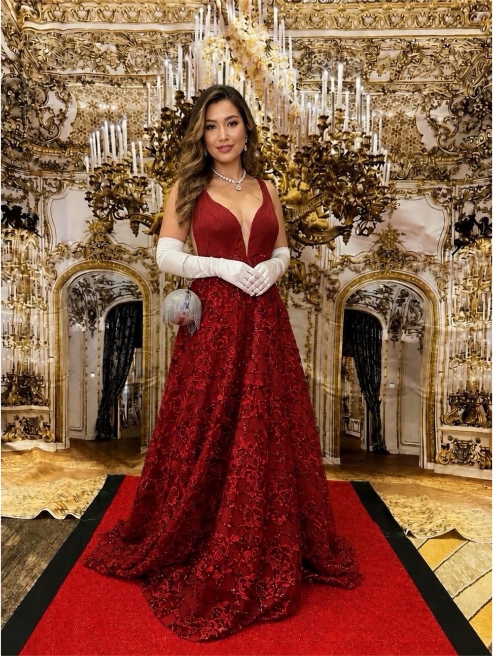 Aspeed Design  Red Embellished Lace and Chiffon A-Line Formal Gown